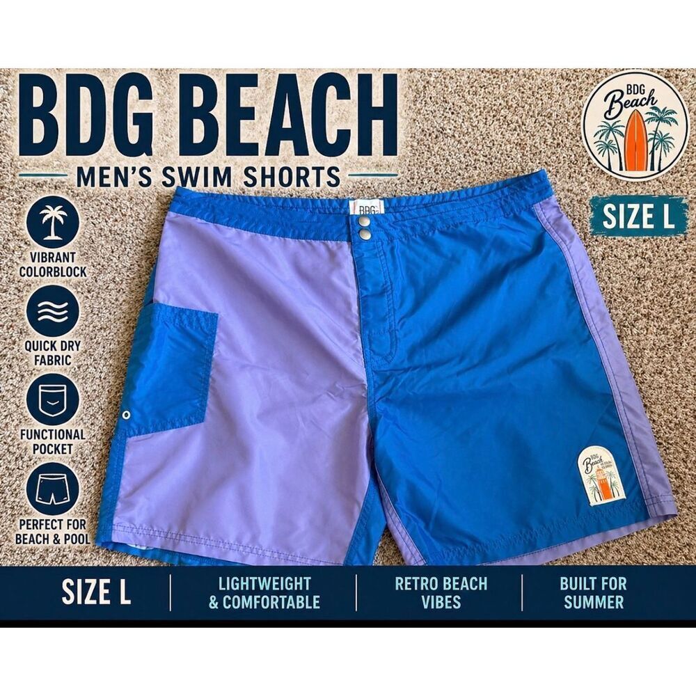 BDG Beach Men’s Swim Shorts Size L Colorblock Retro Surf Pool